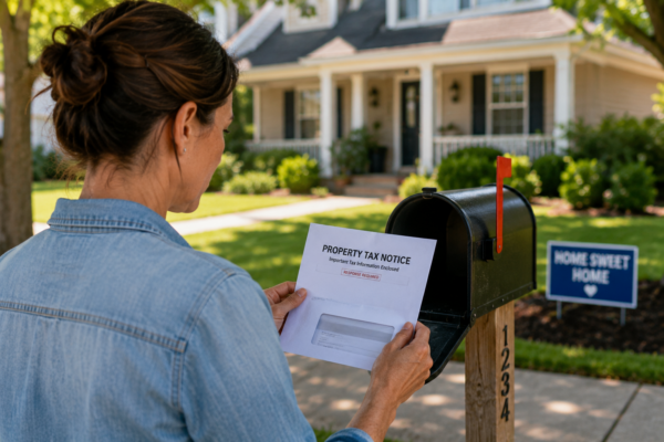 Reading property tax notice outdoors